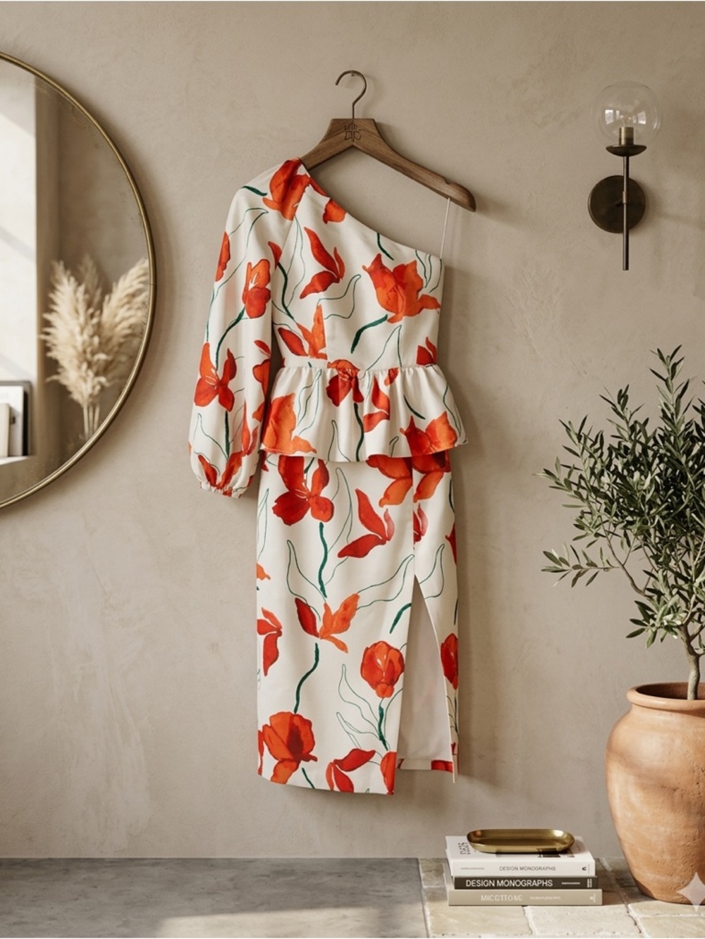 Hutch One Shoulder Floral Peplum Dress Off White Red Size 6 NWT